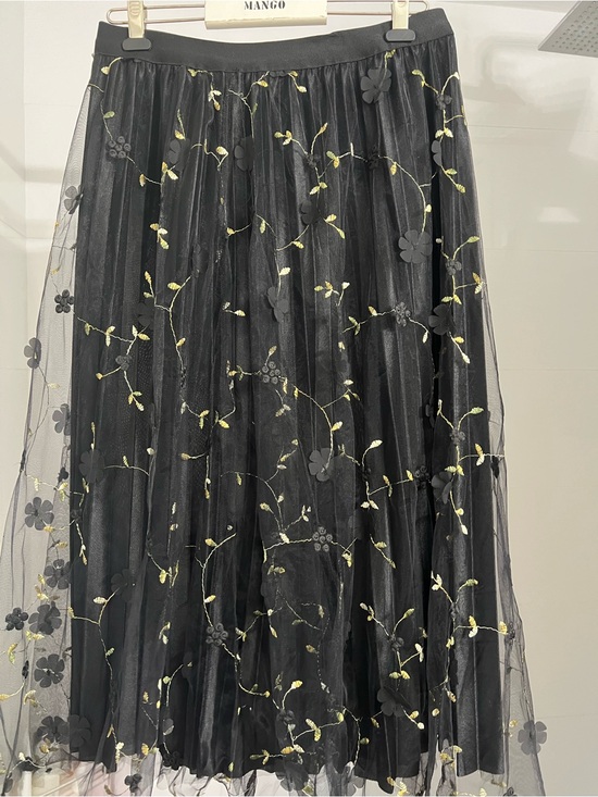 Twik Dresses & Skirts - twik Black Midi Skirt with Yellow-Green Floral Embroidery